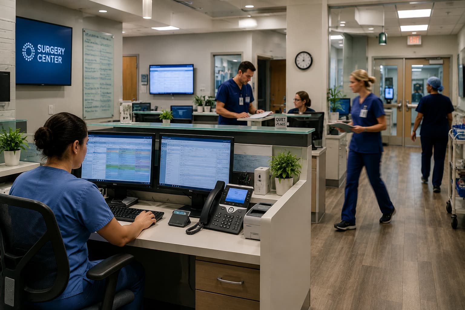 A surgery center's front desk: a staff member in scrubs at two monitors, colleagues working and walking past behind her