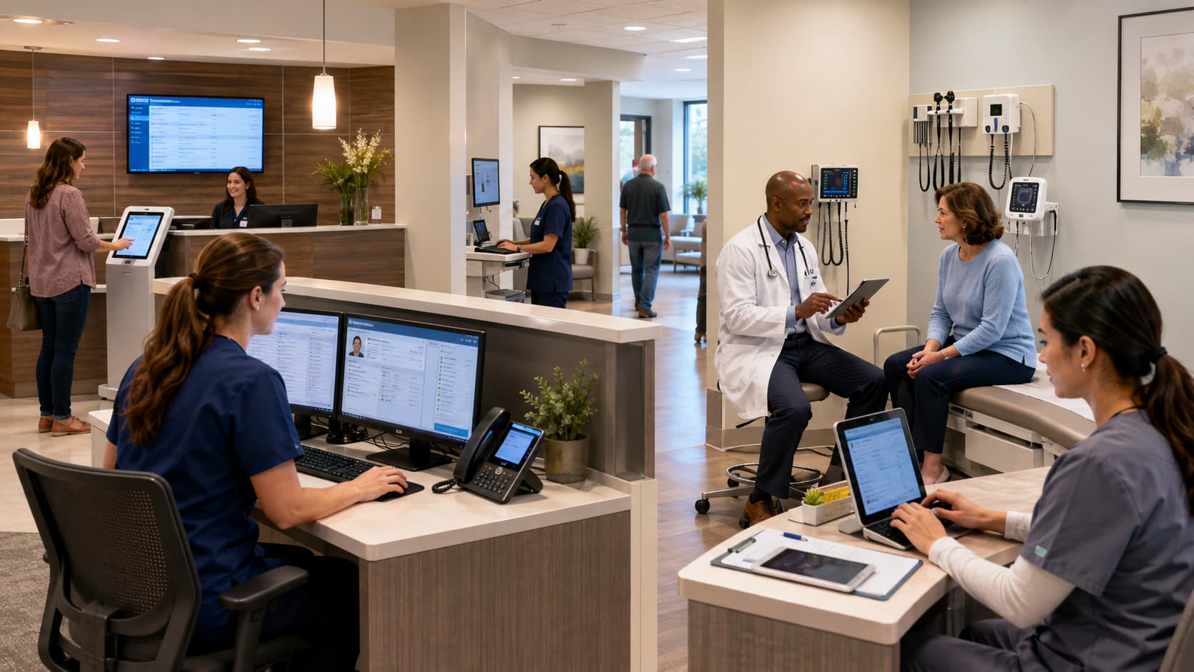 A clinic reception and consulting area at work, with screens, a tablet and a check-in kiosk in use